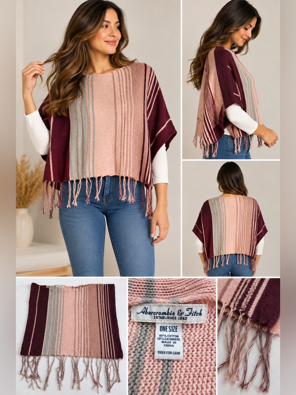 Vintage Abercrombie & Fitch Poncho Women’s Size OS Pink Cotton/Cashmere Striped